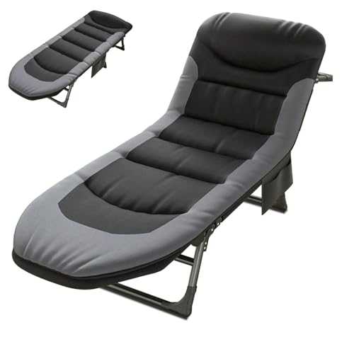 YUODIJIO Foldable Camping Bed, Portable Camp Bed with Cushion, Outdoor Bed with Side Pockets, Travel Cot with Adjustable Backrest, Office Bed, Guest Bed (New Grey)