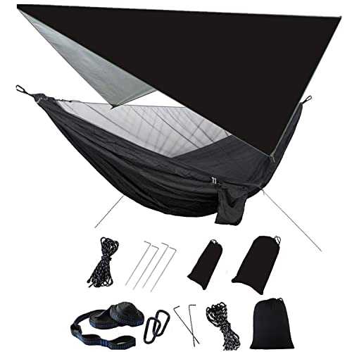 Camping Hammock with Mosquito Net Rain Fly Heavy Duty Tree Strap Portable Single Double Parachute Hammocks Tent Waterproof Rainfly Set for Camping Patio Backpacking Outdoor Hiking Travel