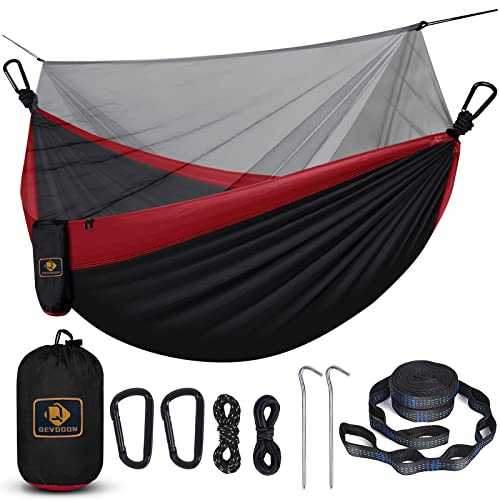 Camping Hammock with Net,Portable Lightweight Double Hammocks with Tree Straps and Solid D-Shape Carabiners,Parachute Nylon Hammock for Backpacking Beach Backyard Patio Hiking Black&Red