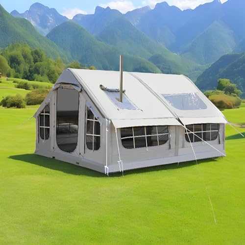 Inflatable Tent with Pump, 6-8 Person Blow Up Tent with Stove Jack, Luxury Air Tent, 4 Season Large Cabin Tent, Outdoor Family Camping Tent with Mesh Windows & Doors