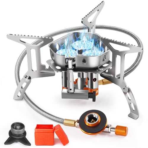 AUTOPkio Camping Gas Stove 6800W, Portable Backpacking Stove Windproof Upgraded with 3 Burners Piezo Ignition Adapters for Hiking, Trekking, Picnic, Outdoor Cooking BBQ