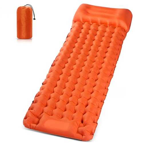 GGOV Sleeping Pad for Camping, Lightweight Waterproof Camping Air Mattress with Built-in Pump Camping Bed for Backpacking Gear, Hiking, Tent, Traveling Orange