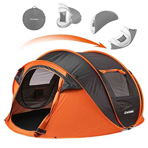 EchoSmile Camping Instant Tent, 4/6/8 Person Pop Up Tent, Water Resistant Dome Tent, Easy Setup for Camping Hiking and Outdoor, Portable Tent with Carry Bag, for 3 Seasons (Black&Orange (4-6 Person))