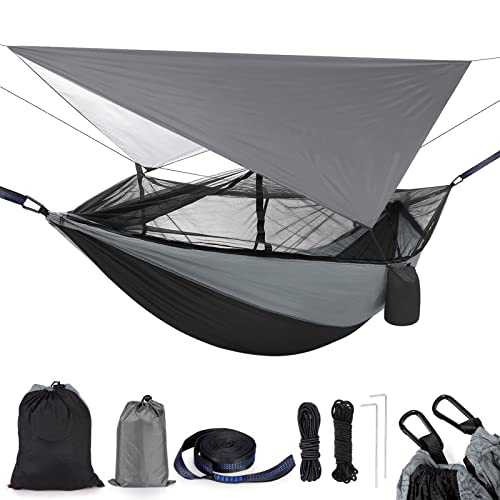 Camping Hammock 2 Person Hammocks with Net, Tent, Tree Straps Heavy Duty Waterproof Lightweight Nylon Portable Hammock for Hiking Outdoor Travel Beach Survival Backyard (Black&Grey)