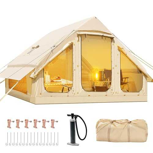 Inflatable Camping Tent with Hand Pump Stove Jack Easy Setup Waterproof Windproof Outdoor Blow up Tent 2-8 Person Oxford 4 Season Glamping Air Tent Cabin House with Mesh Windows and 2 Doors