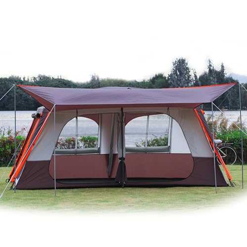 KTT Extra Large Tent 12 Person,Awning Family Cabin Tents,2 Rooms,3 Doors and 3 Windows with Mesh,Straight Wall,Waterproof,Double Layer,Big Tent for Outdoor,Picnic,Camping,Family Gathering(Brown)