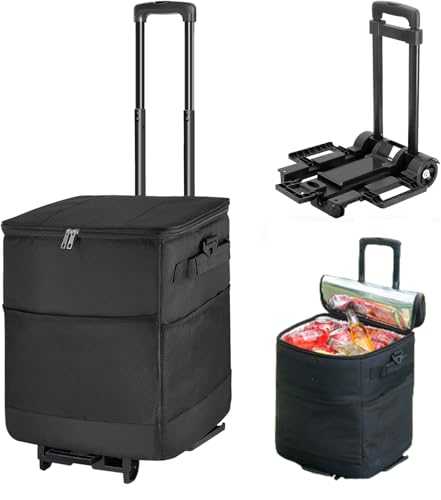 ZHJINGYU Collapsible Large Rolling Cooler 40L, Insulated Soft Cooler Bag Black with Wheels and Handle,Lightweight Cooler on Wheels,Black Small Folding Cart for Camping, Beach, Picnics