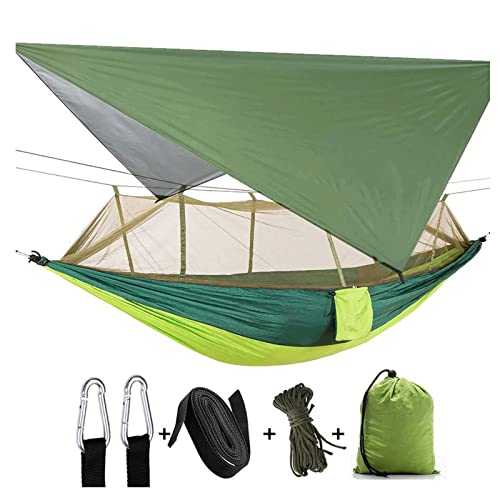 Portable 2 Person Camping Hammock w/Netting Mosquito Tent Tree Straps 4 Season Heavy Duty Waterproof Nylon Hammock Lightweight Portable Sleeping Bag for Outdoor Hiking Vacation Garden Patio Backyard