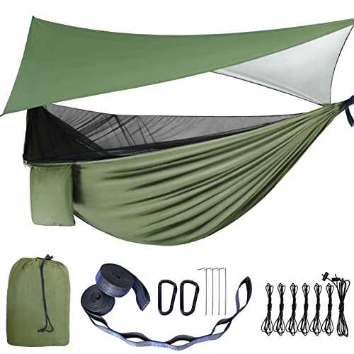 gymolo Camping Hammock - Hammocks with Mosquito Net Tent and Rain Fly Tarp, Portable Single & Double Nylon Parachute Hammock with Heavy Duty Tree Strap, Indoor Outdoor Backpacking Survival Travel