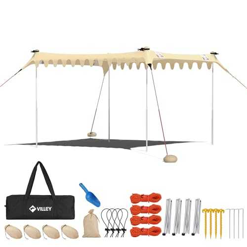 VILLEY sun tent 3m x 3.3m khaki, UPF50+ UV protection lycra beach tent for 6 people, beach parasol with sandbag and 2 support poles for picnics, fishing, sun protection