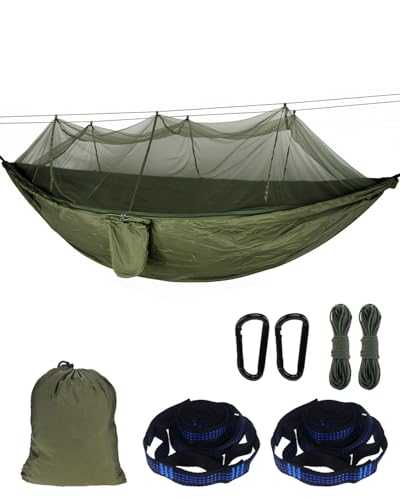 Zumhigh Camping Hammock with Mosquito Net, Ultra Lightweight Durable 210T Parachute Nylon Travel with Tree Straps Easy to Setup Hammock Camping with Mosquito Net Outdoor Indoor Garden Green