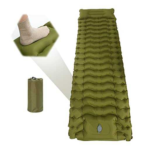 Longzhuo Camping Pad, Inflatable Single Sleeping Mat 10cm Thicken, Sleeping Pad Mattress with Inflatable Pillow, Portable Air Pad for Camping Backpacking Hiking Travel(Army Green 200 * 70 * 10cm)