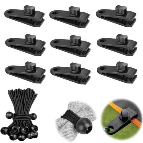 10 Sets Heavy Duty Tarp Clip and Awning Clamp With Bungee Cord - Linoleum Tent Clips With Bungee Balls for Camping, Tarpaulin