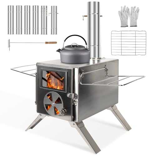 LAMA Tent Camping Stove, Portable Folding Stainless Steel Wood Stove with Chimneys and Gloves, Wood Burner for Tents, Hiking, Cooking, Heating, Camping, Silverwhite