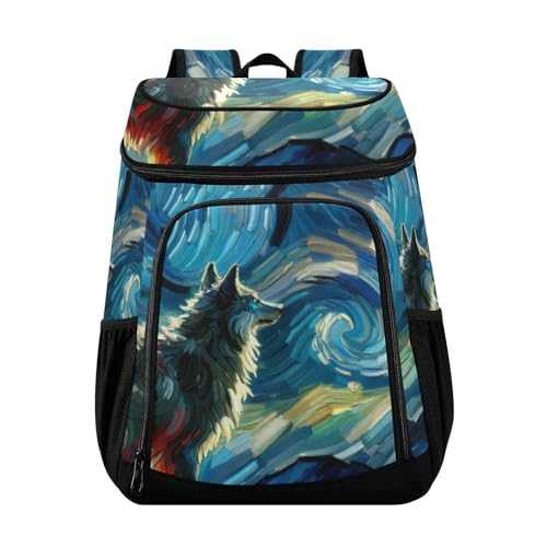 ODAWA Cooler Backpack Waterproof Beach Cooler Bag Fashionable Template Peacock Tails Lunch Backpack Lightweight Camping Bags, Wolf at Night
