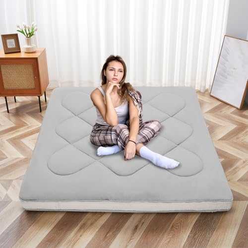 SUNYRISY Japanese Floor Futon Mattress, Thicken Roll up Sleeping Mattress Tatami Mat Floor Bed, Foldable & Portable Lounger Guest Bed Camping Mattress with Storage Bag, Double