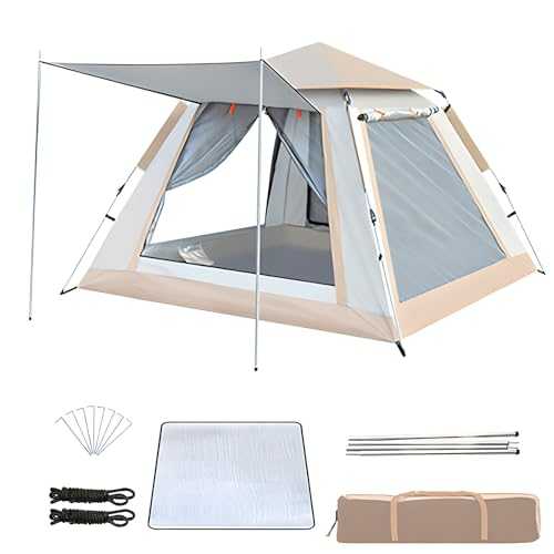 Tent with Porch, 3-4 Person Pop Up Beach Tent, Equipped with Moisture-proof Mats, Hallway Poles, Ventilated On All Sides, 210D Oxford Cloth Top, Rain-proof Rating Pu2000mm, for Travel