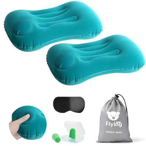 Lnvocn 2 Pcs Ultralight Camping Pillow for Adults Kids, Compressible Compact Inflatable Pillow Bring Eye Mask and Ear Plugs Comfortable Ergonomic Blow Up Pillow for Picnic, Camping, Hiking