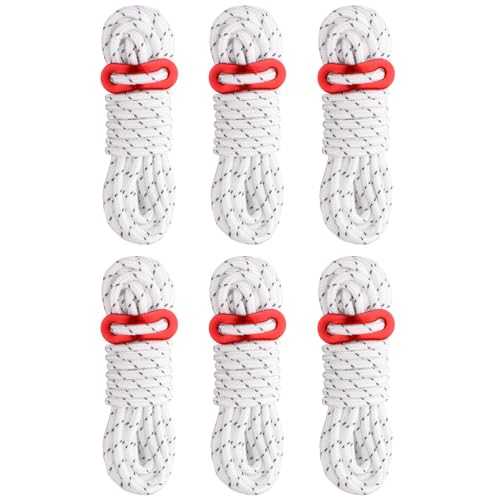 TRIWONDER Tent Guy Ropes 4mm Reflective Tent Guy Ropes 4m Paracord Cord Tent Guy Line with Rope Adjusters Tarp Nylon Rope for Camping Awning Garden (White - 6 Pcs)