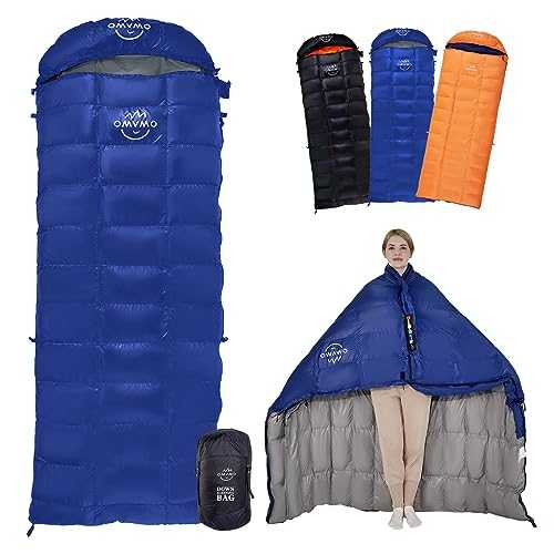 OMVMO 15°F 10°F Duck Down Sleeping Bag for Adults,650 Fill Power,Ultralight Wearable 4 Season Cold Weather Rectangle Sleeping Bag for Camping Hiking,Can be Used as a Down Blanket or Cloak