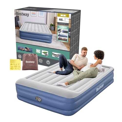 Topline Double Inflatable Mattress Air Bed - 18" Tritech Queen Blue Grey Double Bed with Built-In Pillow & Electric Air Pump. Double Mattress Folding Bed for Camping, Guest Bed Card.