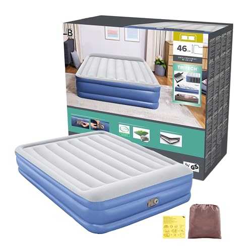 Topline Double Inflatable Mattress Air Bed - 18" Tritech Queen Blue Grey Double Bed with Built-In Pillow & Electric Air Pump. Double Mattress Folding Bed for Camping, Guest Bed Card.