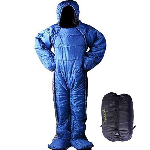 72' Large Wearable Human Sleeping Bag Zipped Foot Opening Design Free Size Ultralight Hoodie Quilted Warm Thermal Coat for Adults Winter or Outdoor 4 Season Camping