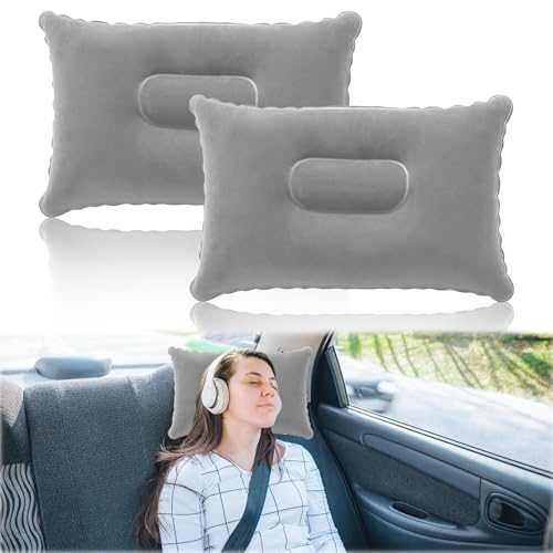 GBULTR 2Pcs Inflatable Travel Pillow Set Compact and Water Resistant Blow Up Neck Support Pillow for Camping Outdoor Beach Fishing Travel 34x22cm Portable Air Pillows in Gray Soft Flocked Surface