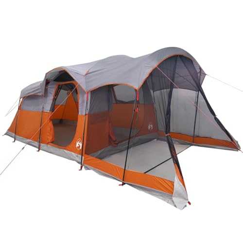 ** vidaXL Family Tent Tunnel 8-Person Camping Grey/Orange Waterproof with Porch and E-Port - 610x244x198 cm