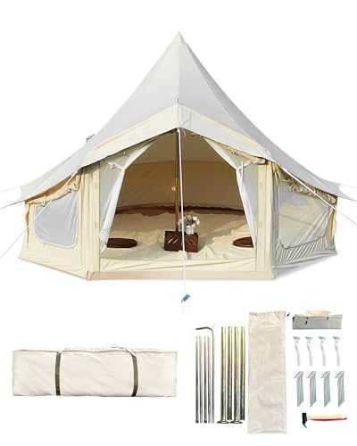 GarveeLife Canvas Bell Tent, 4 Seasons Yurt Tent with 2 Stove Jack, 4 Mesh Zippers Windows, Breathable Waterproof Tent Suitable for 4-12 People, Family Camping Outdoor Party