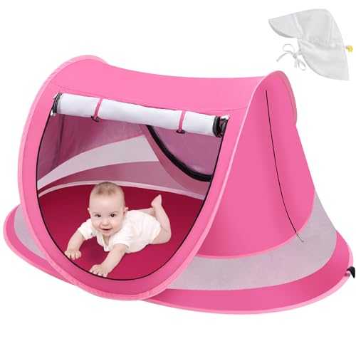 Baby Beach Tent with Baby Hat, Pop Up Toddler Travel Tent with Sun Hat for Boys Girls Sunshade for Toddler Camping, Baby Portable Sunshade, Summer Beach Baby (Pink Baby Tent with Hat)