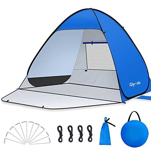 Glymnis Pop Up Beach Tent Small for 1-2 Person/Large for 3-4 Person, UV Protection Beach Sun Shelter with Zipper Porch, Portable Sun Tent for Beach, Instant Outdoor Beach Tent for Adults