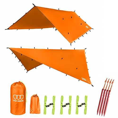 Gold Armour Rainfly Tarp Hammock, Premium 14.7ft/12ft/10ft/8ft Rain Fly Cover, Waterproof Ultralight Camping Shelter Canopy, Survival Equipment Gear Camping Tent Accessories (Orange 14.7ft x 12ft)