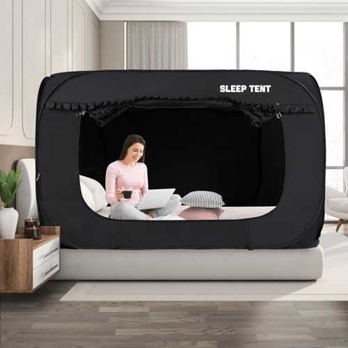 Pop Up Bed Tent 80% Blackout Large Space Portable Indoor Breathable Canopy,Twin Size 3 Doors Sleeping Privacy Tent for Kids and Adult Big Sleeping Cottage(Mattress Not Included)