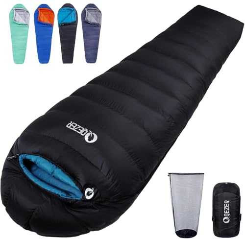 QEZER Down Sleeping Bag Lightweight Winter Sleeping Bag 0°C to -12°C [1200g/1590g] for Adults and Teenager Camping,Hiking,Backpacking Outdoor 4 Season