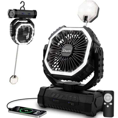Camping Fan with LED Lantern, 20000mAh Portable Rechargeable Desk/Tent/USB Fan with Remote and Hook, Timer, Phone Charging for Outdoor, Office, Fishing, Power Outage, Hurricane, Picnic, Black