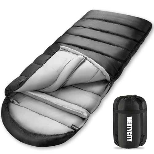 WERTYCITY Sleeping Bags for Adults & Kids Camping, Cold Weather 32℉ Degree, XL 89x32.6 Inches, No-Snag Zipper with Stuff Sack, 3-4 Season Indoor & Outdoor(Black)