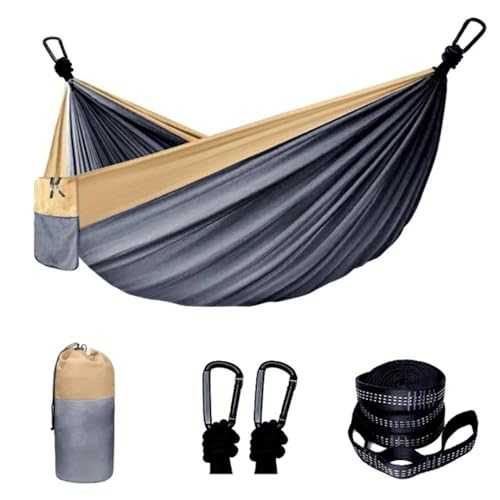 Camping Hammock Double Single Portable Hammock With 2 Tree Straps And 2 Carabiners; Lightweight Nylon Parachute Hammocks Camping Accessories Gear(Grey,large)