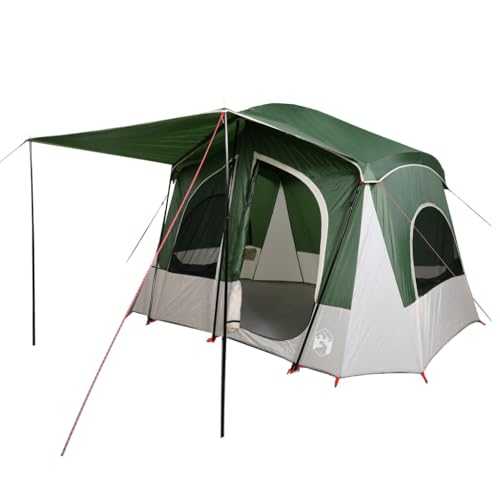 vidaXL Green Cabin-Style Camping Tent for 5-Person, Waterproof Outdoor Shelter with Easy E-Port Access and Quick Setup, 340cm Length