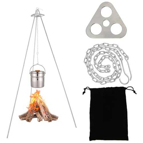 Porssaut Portable Camping Tripod set, Stainless Steel Campfire Cooking Accessories Set with Adjustable Chain Hanger Hook