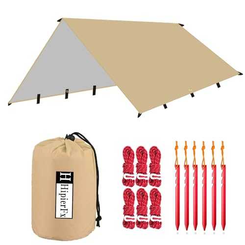 Hipier Camping Tent Tarp 3 * 4 m Portable Lightweight Waterproof Windproof Snowproof Tarpaulin Shelter Sunshade Canopy Hammock Rain Fly Tent Tarp for Outdoor Travel Fishing Hiking Beach (Khaki)