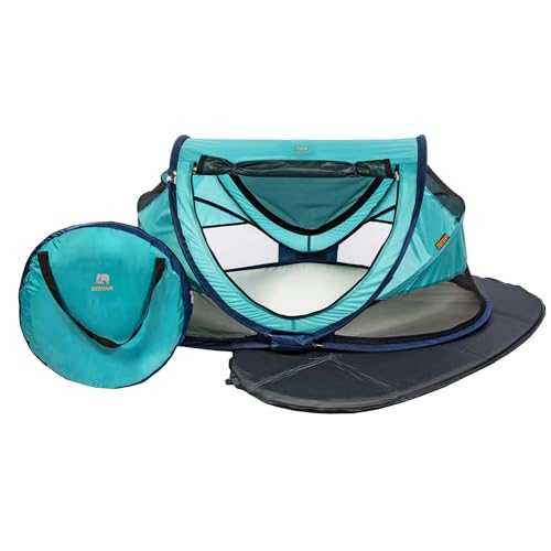 DERYAN Travel Cot - Peuter Luxe - Ocean - Pop-up System - Set-up in only 2 Seconds - Including Cotton Cover with Zipper, self-Inflating air Mattress and Carrying Bag, 1 Piece