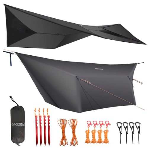 onewind 12ft Hammock Tarp, Lightweight and Waterproof Silnylon Hammock Rain Fly, Versatile Camping Tarp with Doors and Complete Accessories, Easy to Setup with Stuff Sack, Tent Stakes, Dark Grey
