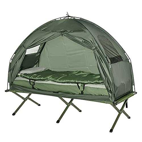 Outsunny 1 person Foldable Camping Tent w/Sleeping Bag Air Mattress Outdoor Hiking Picnic Bed cot w/Foot Pump