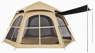 PLKEQS Canvas Bell Tent Outdoor Hexagonal Black Plastic Tent Quick Opening Family Camping Easy Setup Overnight Windproof Rainproof Sunproof ()