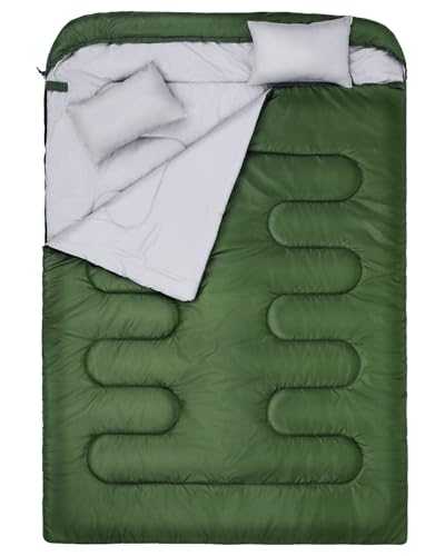 Sportneer Double Sleeping Bag for Adults With Pillow - Two Person for All Season Camping, Hiking, Backpacking - Cold Weather & Warm