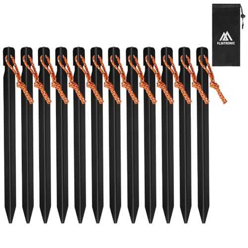 Flintronic 12PCS Alloy Tent Pegs,18cm Heavy Duty Metal Tent Pegs with Reflective Rope Rust, Triangular Camping Pegs, Suitable for Outdoor Grassland Travelling Camping Hiking (Black)