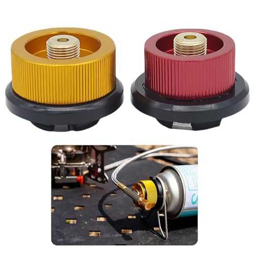 2 Pcs Gas Bottle Adapter, Portable Gas Canister Refill Adapter, Anti-Leakage Aluminum Alloy Gas Tank Nozzle Connector for Outdoor Camping Hiking, Butane Canister to Screw Gas Cartridge(Yellow, Red)