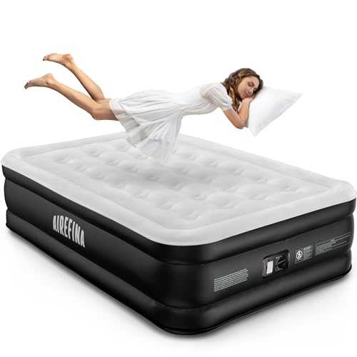 Airefina Double Airbed with Built-in Electric Pump, Inflatable Air Mattress in 3 Mins Self-Inflation/Deflation, Flocked Surface Guest Blow Up Bed, Portable Air Bed for Home Camping 190x137x46cm