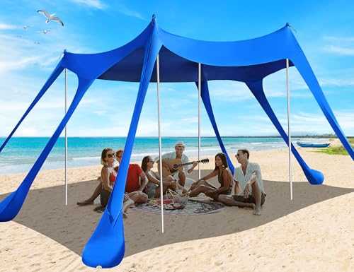 Vibemo Beach Tent, Camping Sun Shelter UPF50+ with 6 Sandbags, 2 Sand Shovel, 4 Stability Poles, Outdoor Pop UP Beach Canopy for Camping Trips, Fishing, Backyard Fun, Picnics-Dark Blue